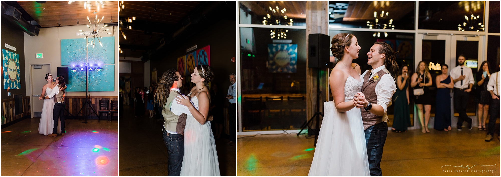 The wedding couple dances to their song played by DJ Chris Muchmore Music Production for their Worthy Brewing Wedding in Bend, Oregon. | Erica Swantek Photography