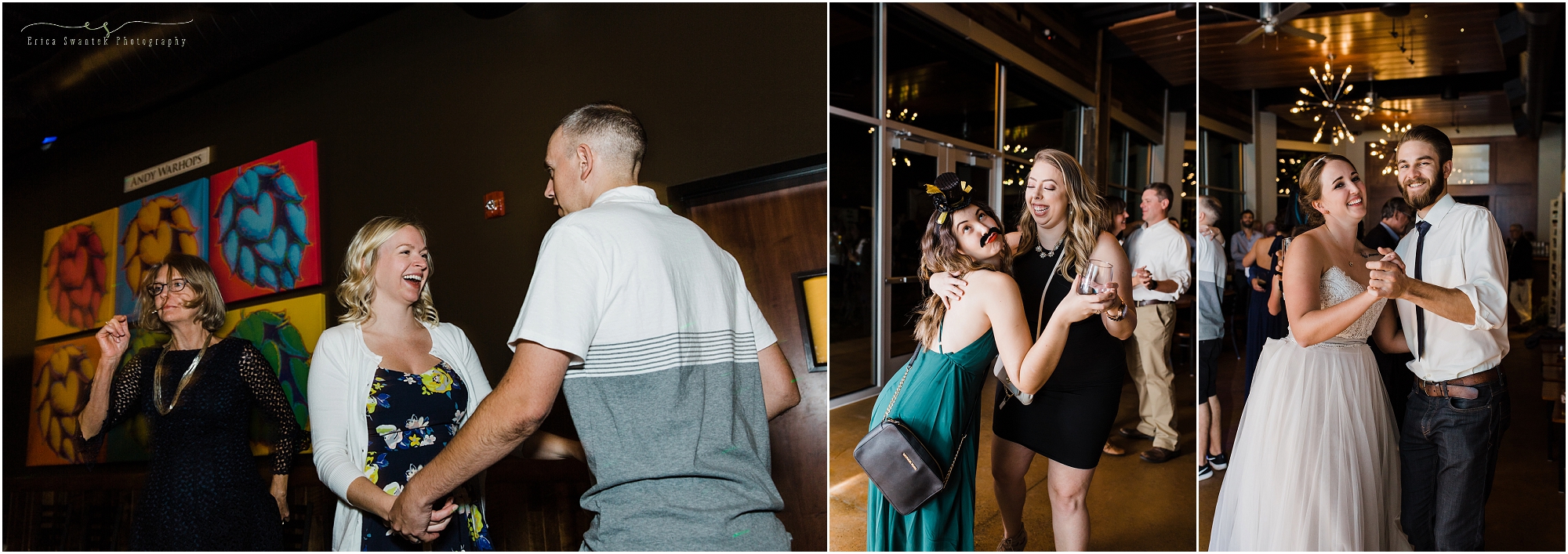 A wedding party dances to the tunes spun by DJ Muchmore Music Production at a Worthy Brewing Wedding in Bend, Oregon. | Erica Swantek Photography