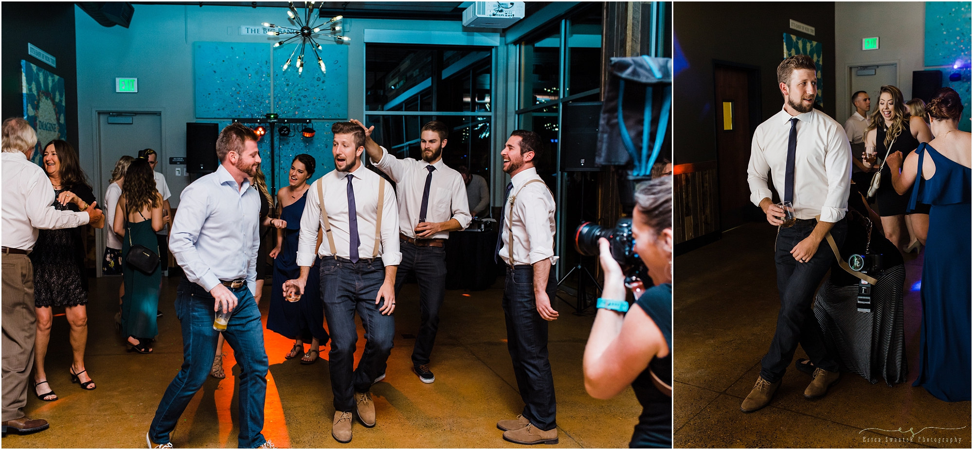 A wedding party dances to the tunes spun by DJ Muchmore Music Production at a Worthy Brewing Wedding in Bend, Oregon. | Erica Swantek Photography