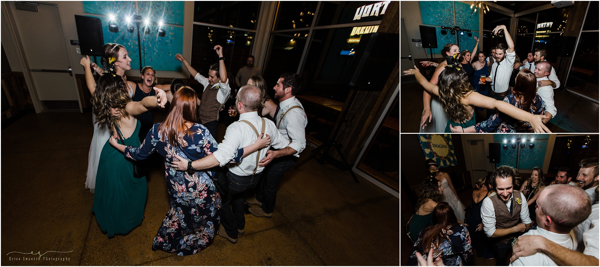 The dance floor at the Hop Mahal lights up at this Worthy Brewing Wedding in Bend Oregon. | Erica Swantek Photography