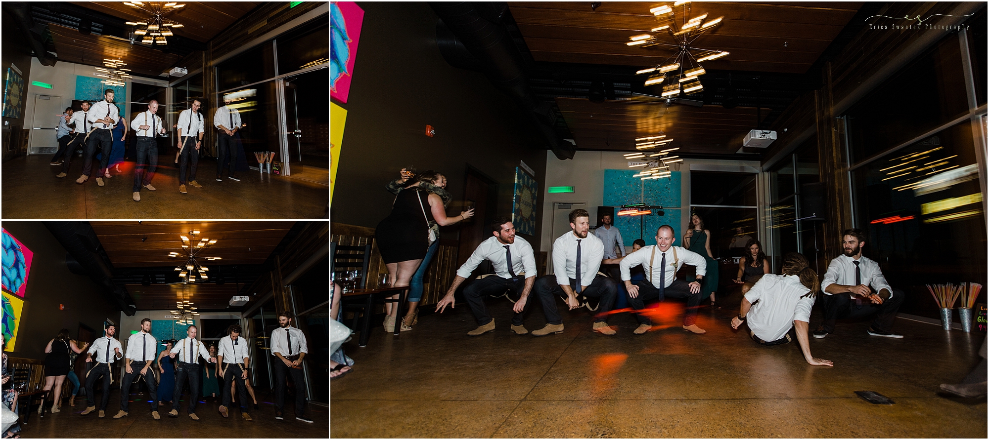 The groom and groomsmen do a little dance at this Worthy Brewing Wedding in Bend Oregon. | Erica Swantek Photography