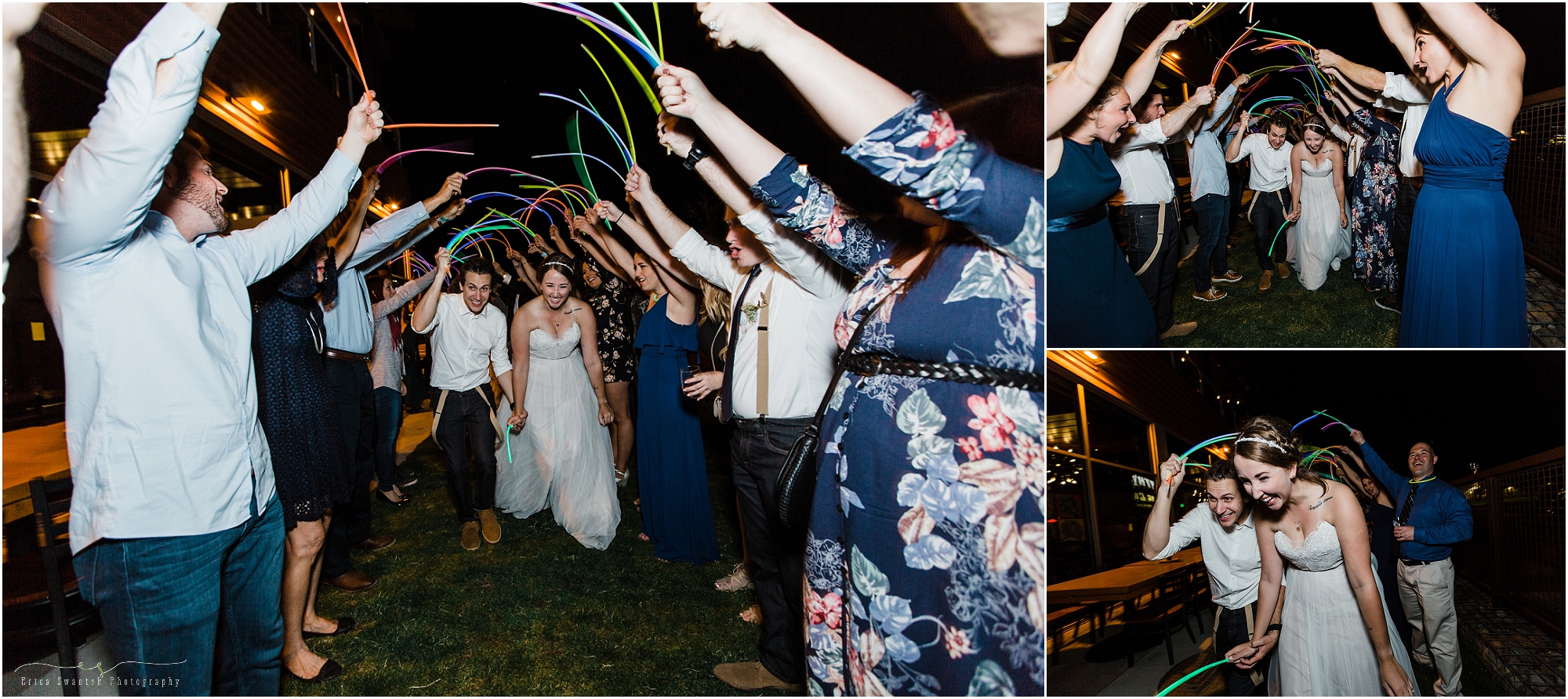The guests all lined up for glow stick send off at this Worthy Brewing Wedding in Bend Oregon. | Erica Swantek Photography