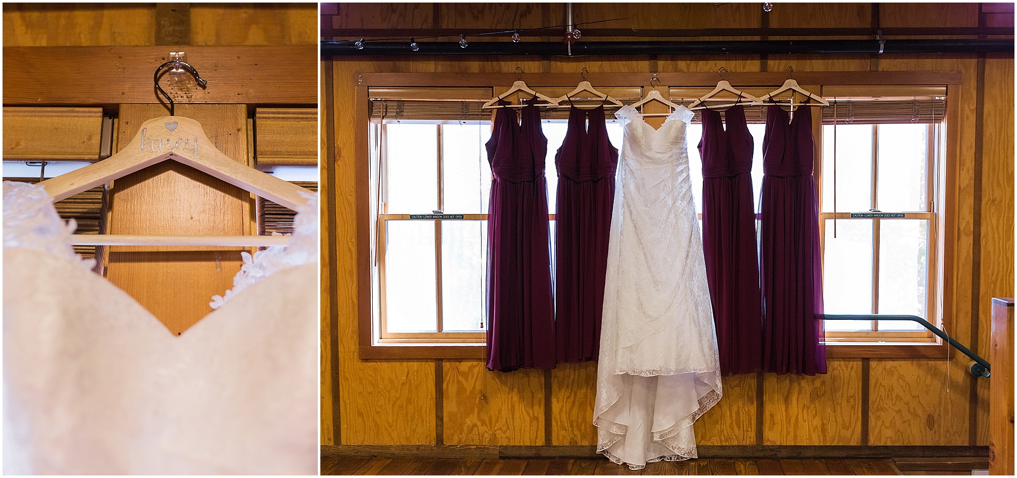 A bride's gown with the bridesmaids dresses hang in the window of the gorgeous Hollinshead Barn in Bend, Oregon. | Erica Swantek Photography