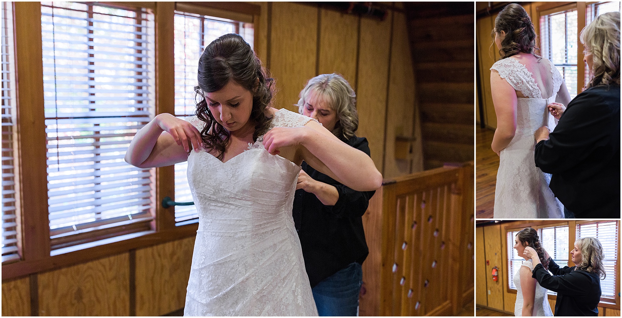 The bride's mother helps her get into her David's Bridal wedding gown upstairs of the Hollinshead Barn Fall wedding venue in Bend, OR. | Erica Swantek Photography