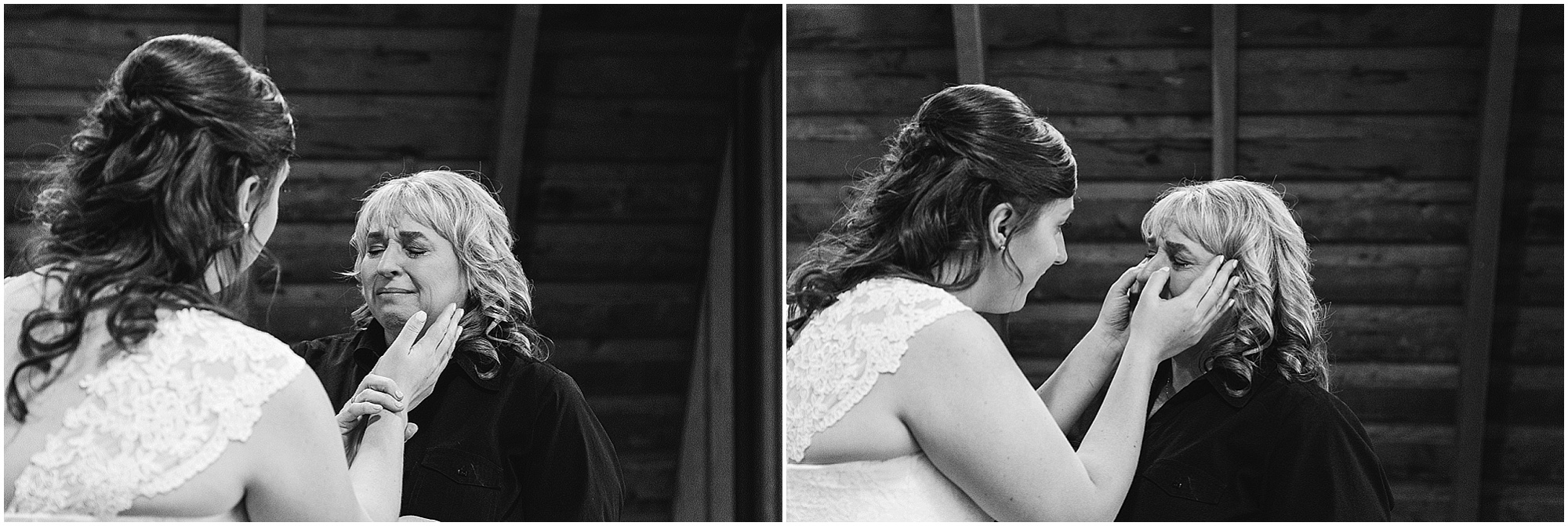 The bride wipes tears from her mother's eyes before her wedding at Hollinshead Barn in Bend, Oregon. | Erica Swantek Photography