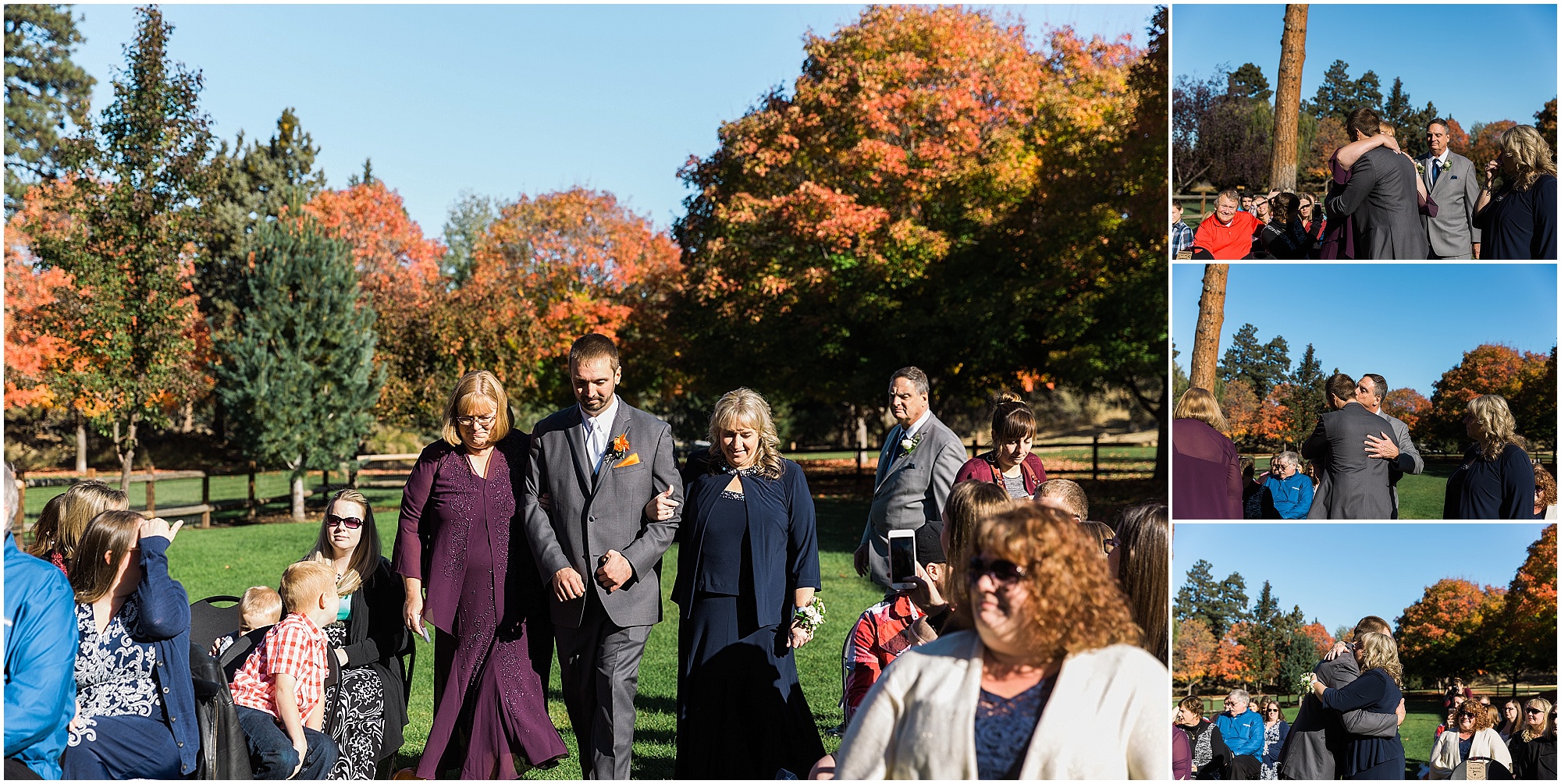 The groom walks down the aisle with his mother and mother of the bride at an outdoor wedding at Hollinshead Park in Bend, Oregon. | Erica Swantek Photography