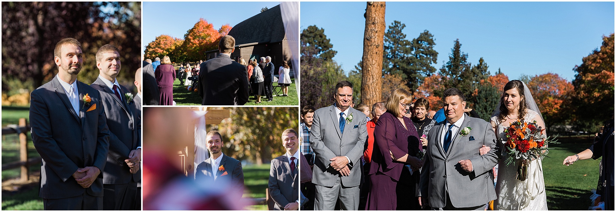 A groom sees his bride for the first time as she walks down the aisle of her outdoor ceremony at a Hollinshead Barn fall wedding in Bend, OR. | Erica Swantek Photography