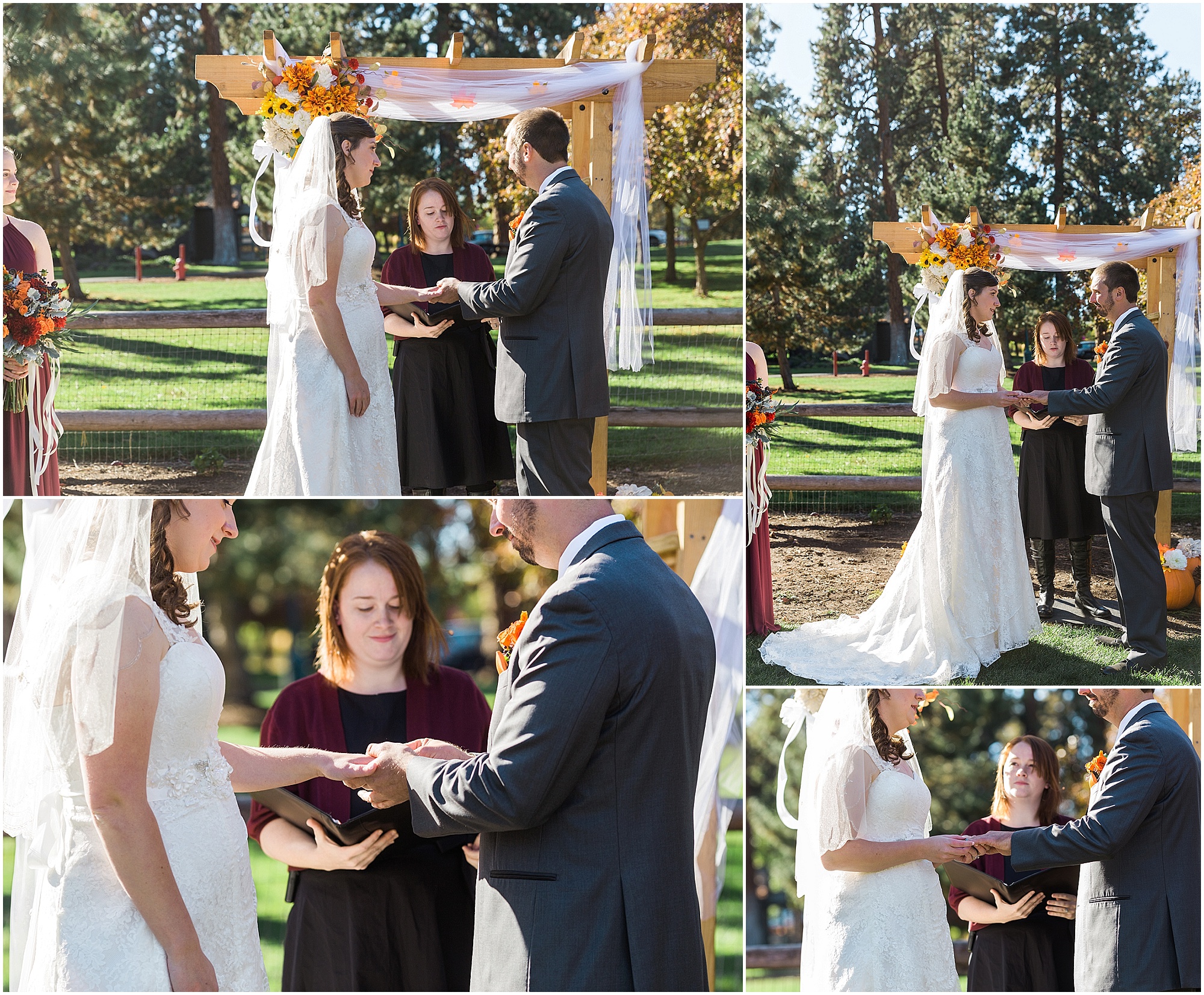 A couple exchanges their wedding rings during a beautiful outdoor ceremony at their Hollinshead Barn fall wedding in Bend, Oregon. | Erica Swantek Photography
