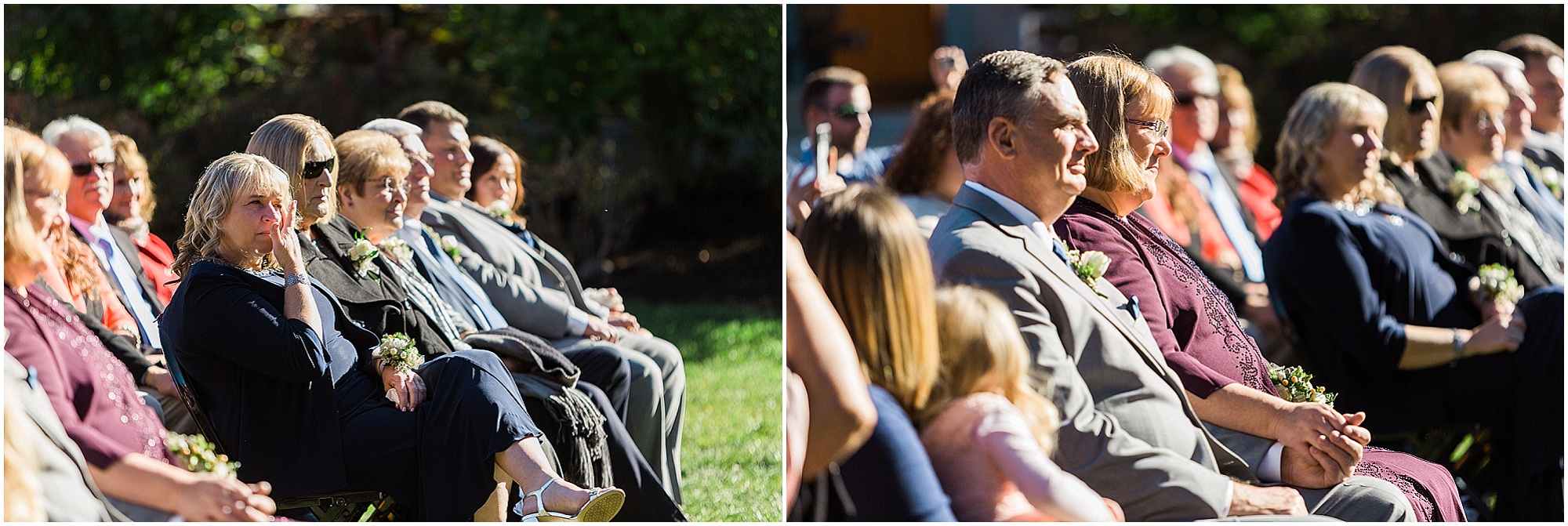 The family of the bride and groom look on as their children marry at this beautiful outdoor ceremony in the fall at Hollinshead Barn in Bend, OR. | Erica Swantek Photography