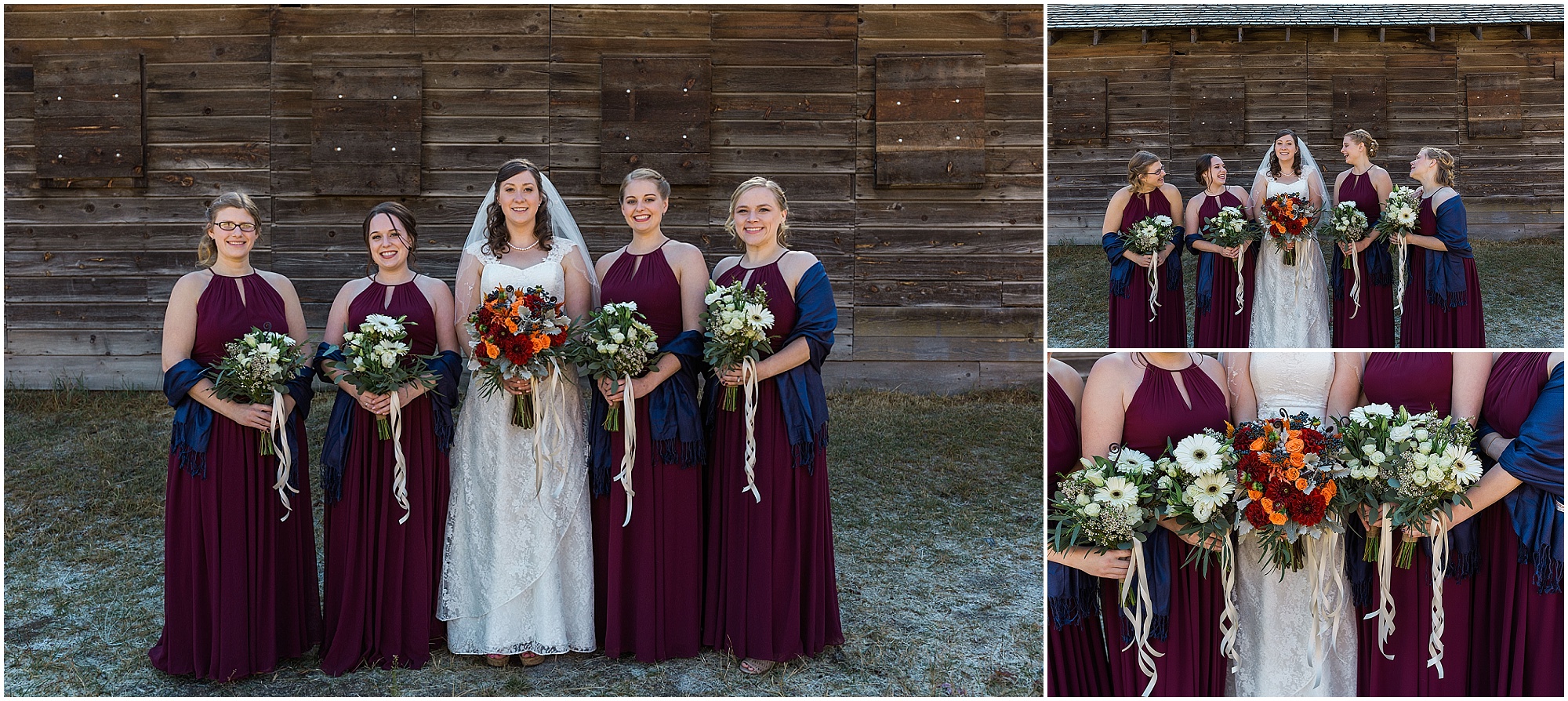 Gorgeous bridesmaids wearing maroon Bill Levkoff dresses pose outside the rustic Hollinshead Barn Fall wedding venue in Bend, Oregon. | Erica Swantek Photography