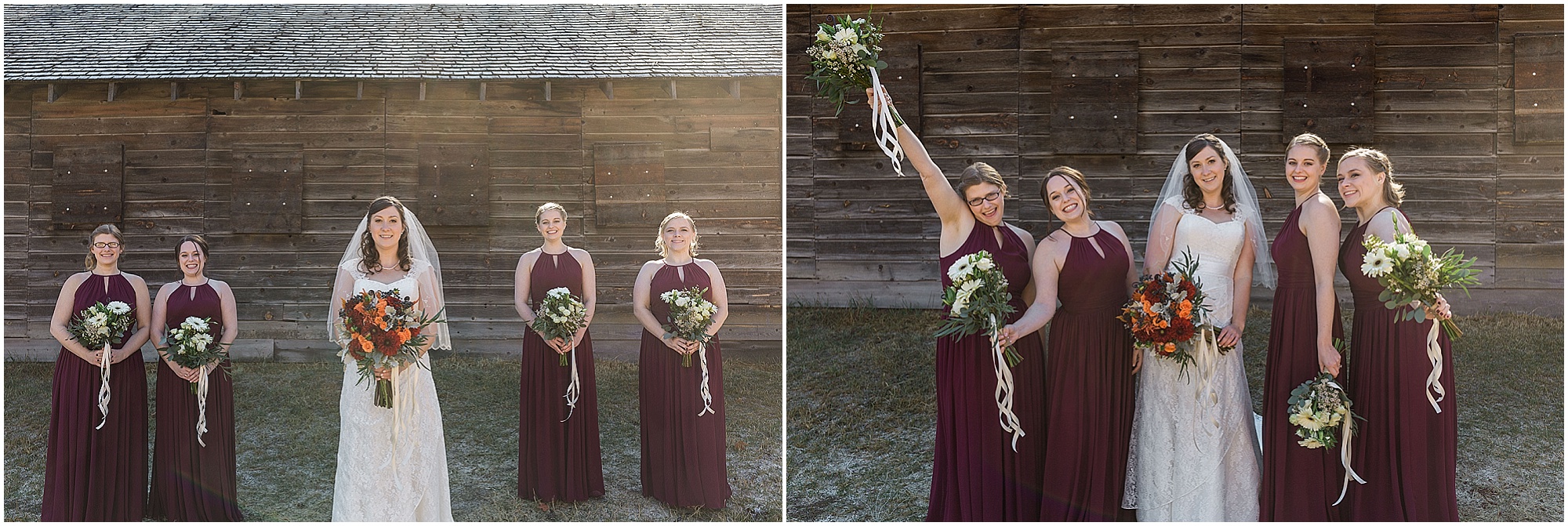 Bridesmaids wearing maroon Bill Levkoff dresses have fun at this Hollinshead Barn Fall wedding in Bend, OR. | Erica Swantek Photography