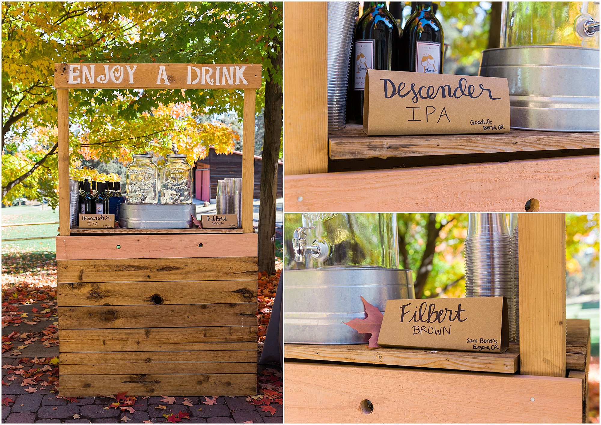 A handmade rustic drink station to serve up local craft beer at this Hollinshead Barn fall wedding in Bend, OR. | Erica Swantek Photography