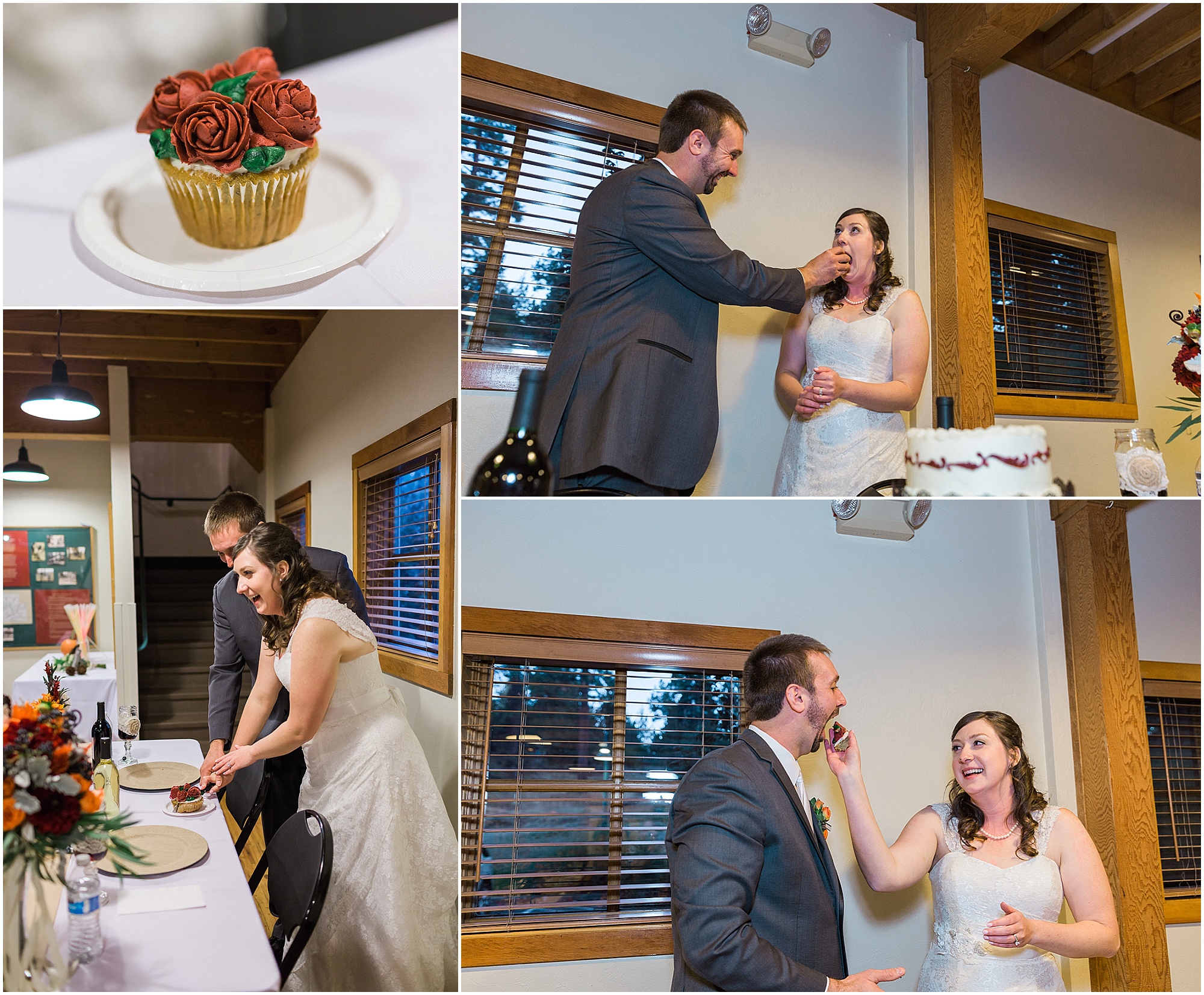 A newly married couple cuts their cake at their wedding in Bend, Oregon. | Erica Swantek Photography