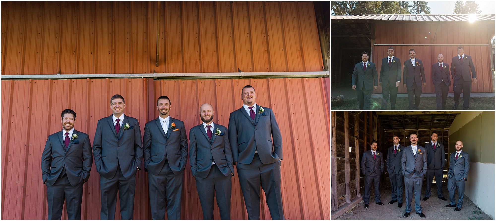 The red metal shed is a fun spot for wedding party portraits at Hollinshead Barn in Bend, OR. | Erica Swantek Photography