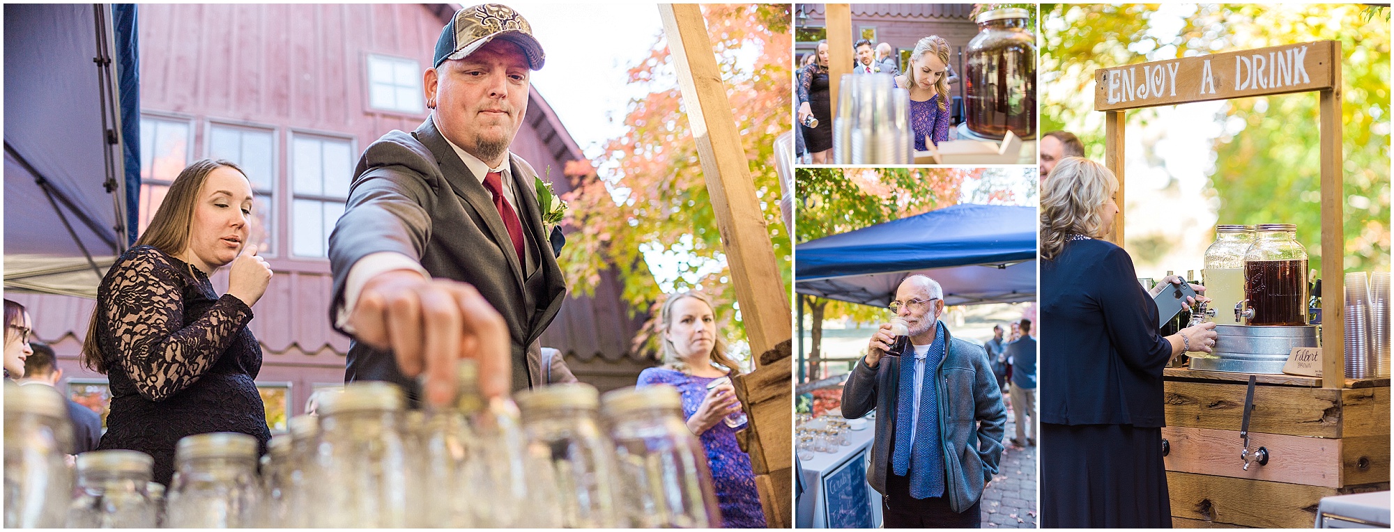 Wedding guests enjoy the cocktail hour on the patio of Hollinshead Barn in Bend, OR. | Erica Swantek Photography