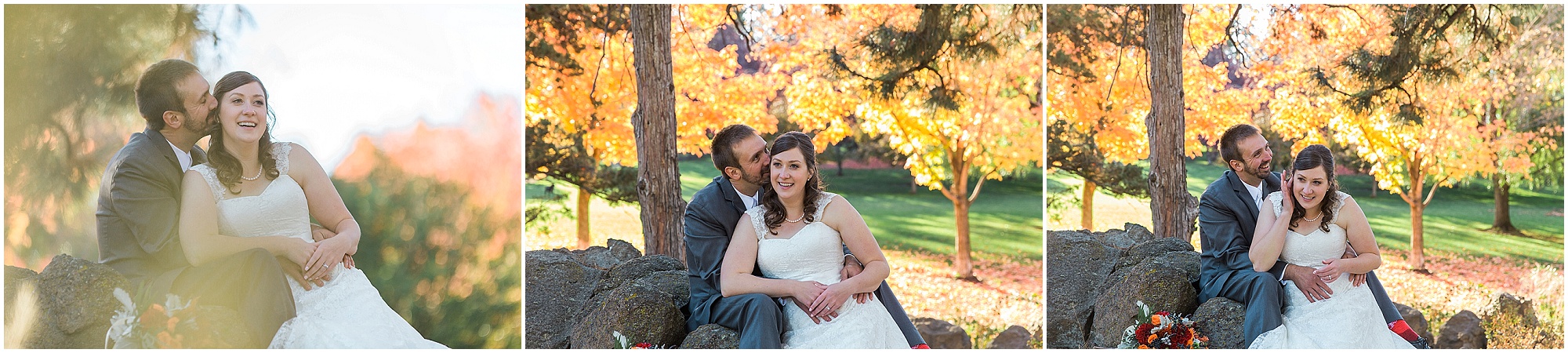 The fall color at Hollinshead Park is a gorgeous place for romantic portraits of your wedding day in Bend, OR. | Erica Swantek Photography