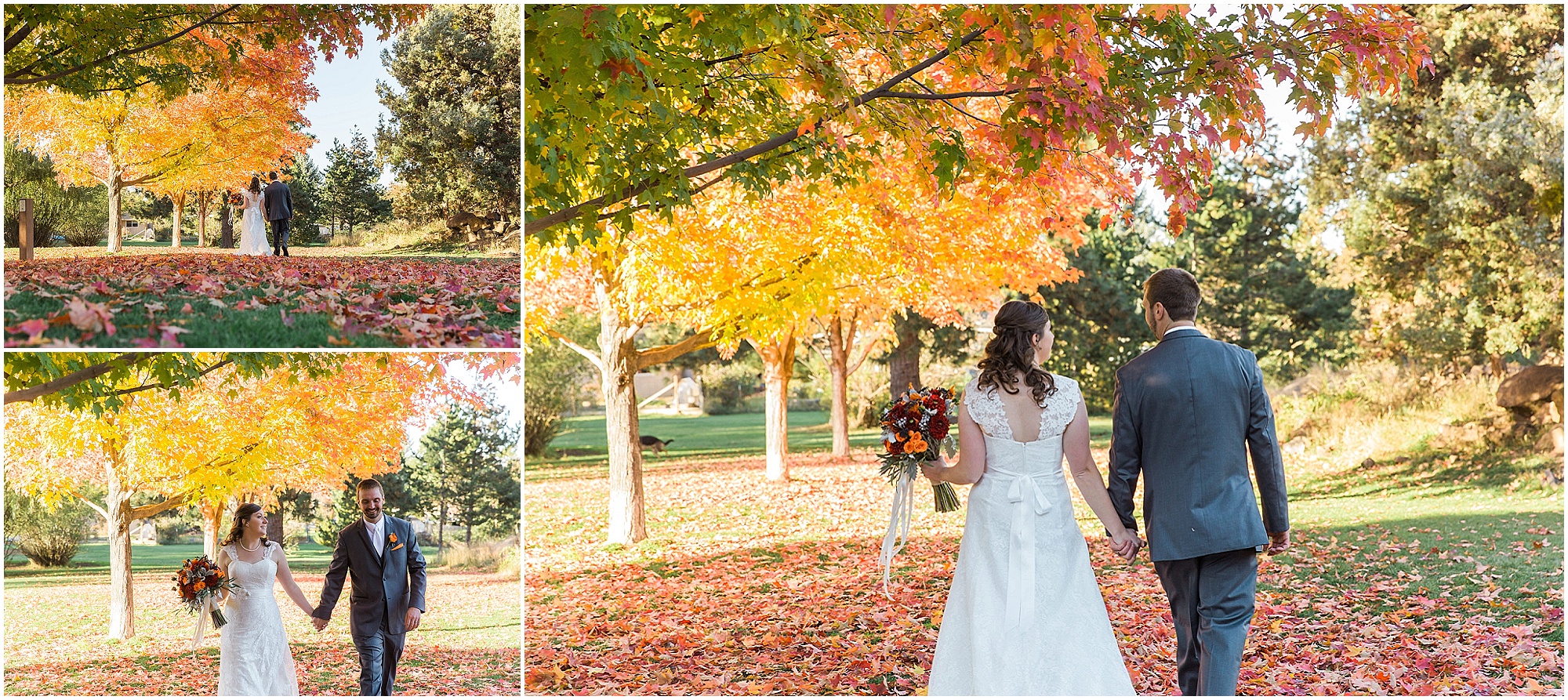 The fall color at Hollinshead Park is a gorgeous place for romantic portraits of your wedding day in Bend, OR. | Erica Swantek Photography
