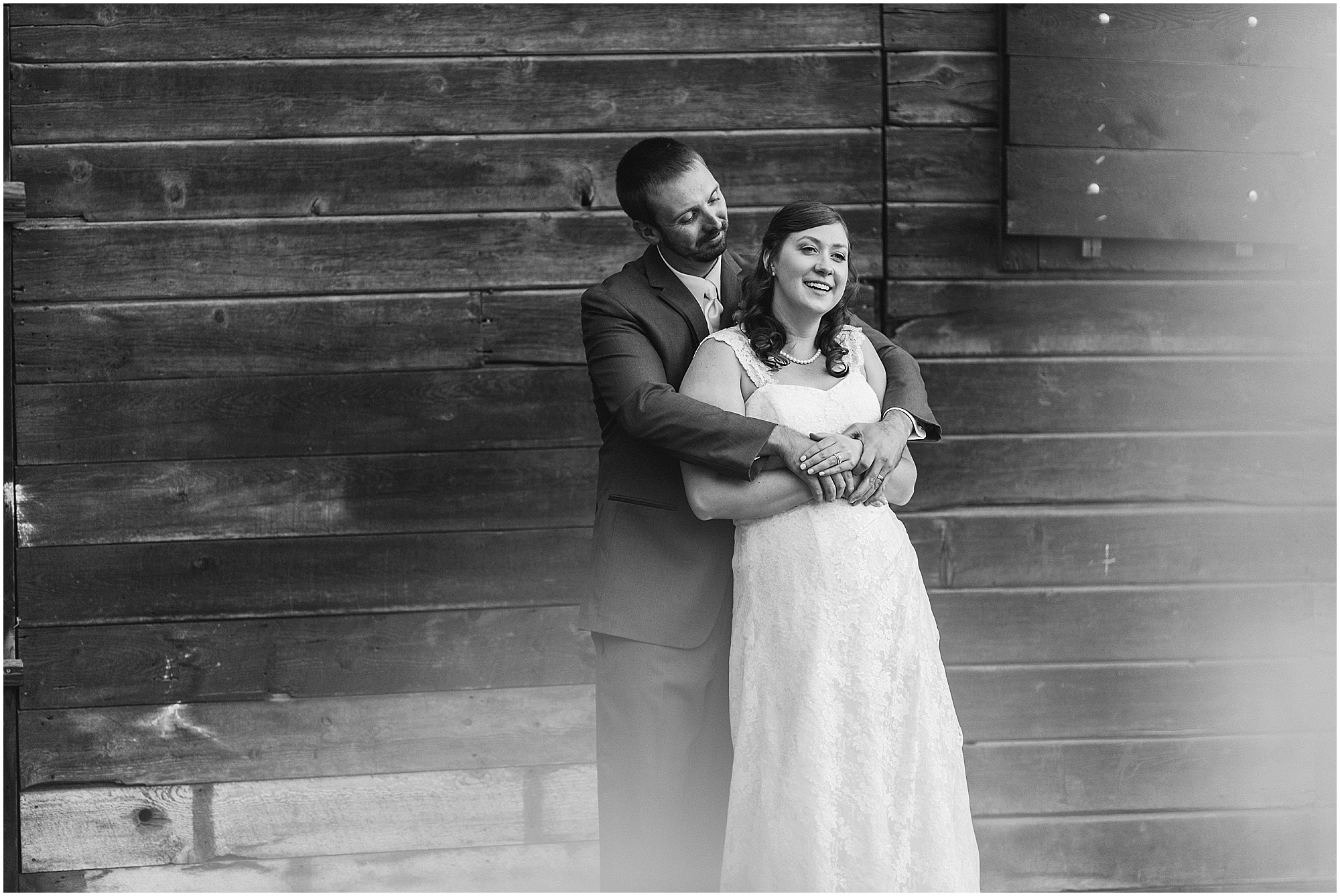 A gorgeous black and white of a happy wedding couple at their Hollinshead Barn fall wedding in Bend, OR. | Erica Swantek Photography