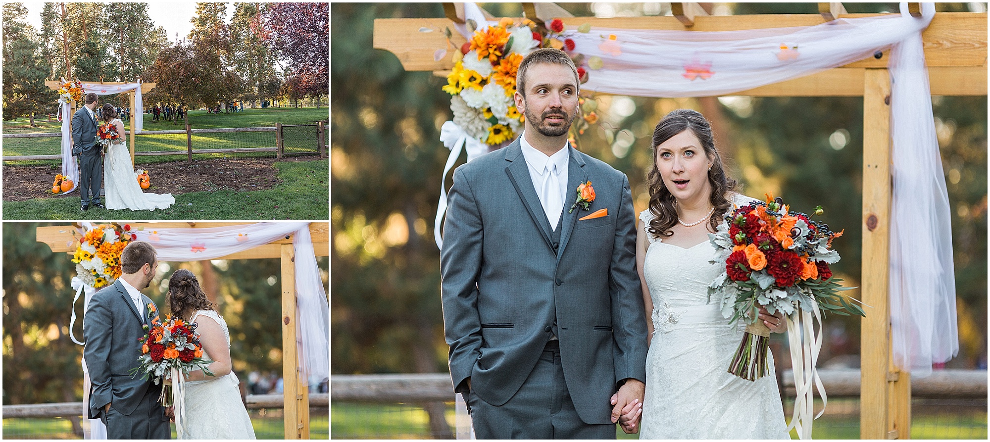 The couple poses in front of the wooden arbor at their Hollinshead Barn fall wedding in Bend, OR. | Erica Swantek Photography