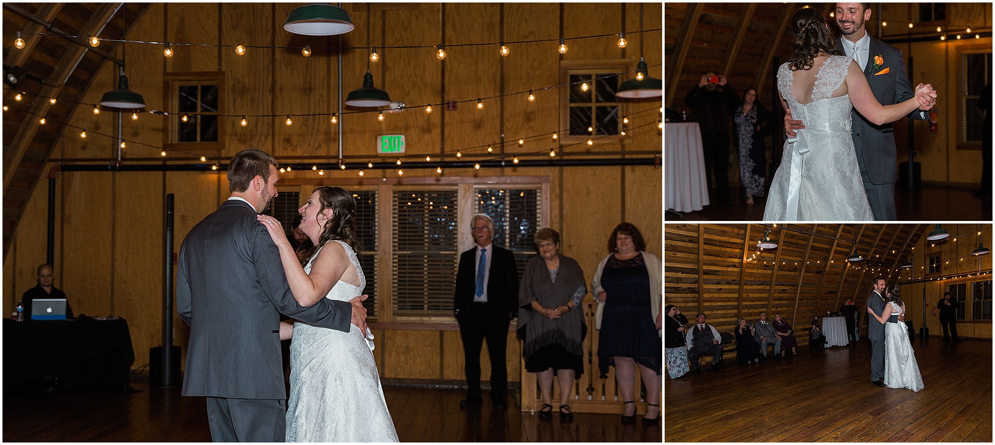 A newly married couple has their first dance upstairs in the gorgeous hardwood interior of Hollinshead Barn in Bend, OR. | Erica Swantek Photography