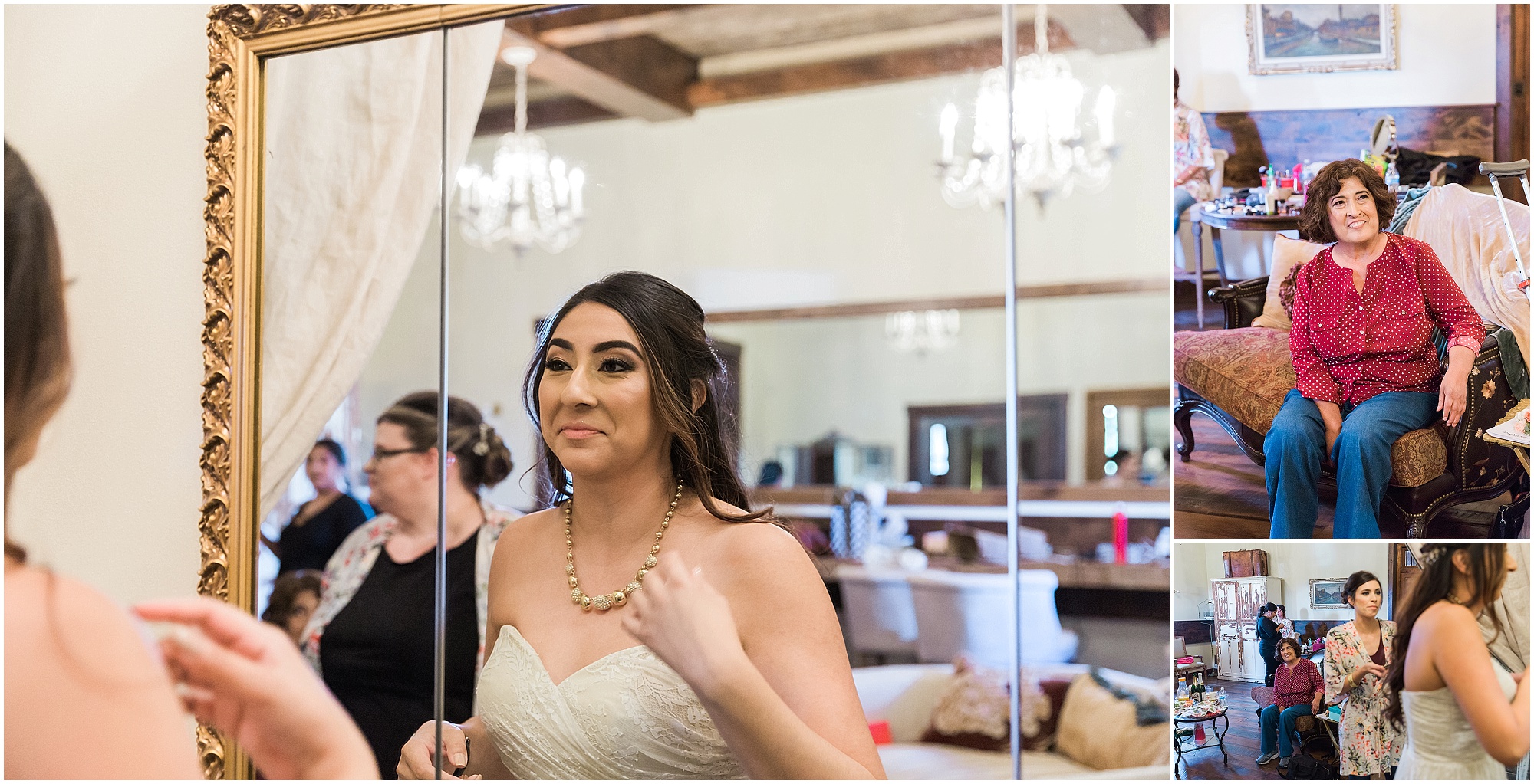The bride's mother watches as she puts on her wedding strapless wedding gown before her Ranch at the Canyons wedding. | Erica Swantek Photograpy