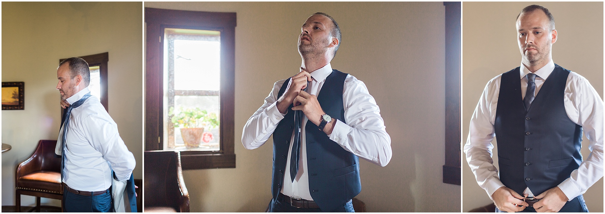 The groom dresses in his suit and ties his tie to prepare for his Central Oregon wedding. | Erica Swantek Photography