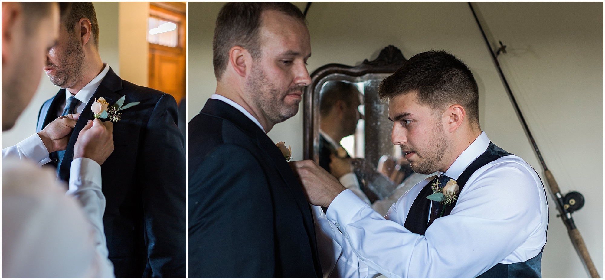 One of the groomsmen helps with the groom's boutonniere before his Ranch at the Canyons fall wedding in Oregon. | Erica Swantek Photography 