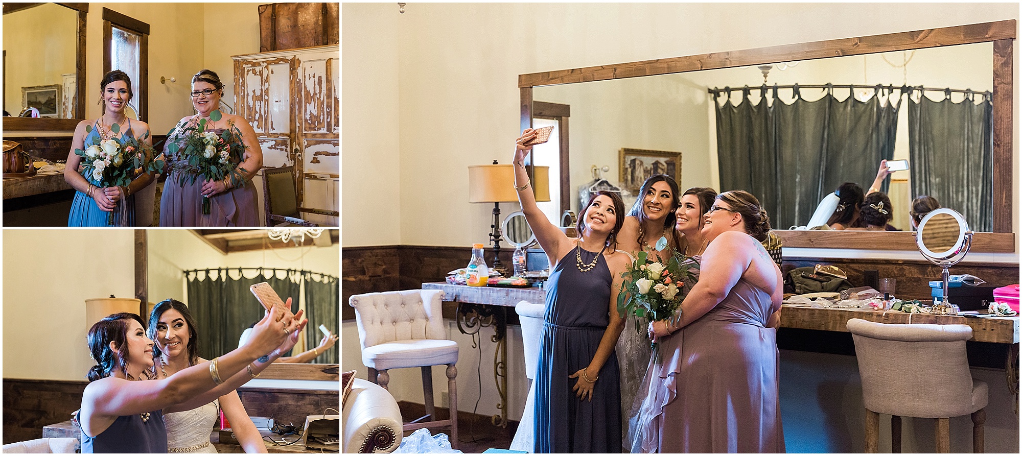 The bride and bridesmaid pose for a group selfie in the Tuscan Stables Ranch at the Canyon Wedding venue near Bend, OR. | Erica Swantek Photography