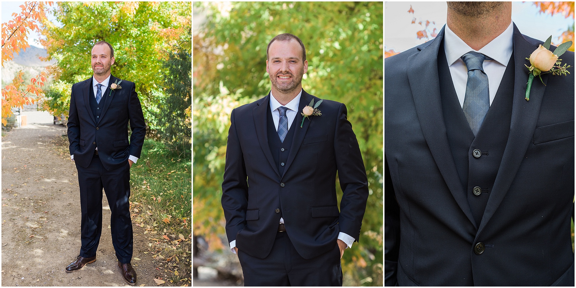 Formal groom portraits among the trees at his Ranch at the Canyons fall wedding in Central Oregon. | Erica Swantek Photography