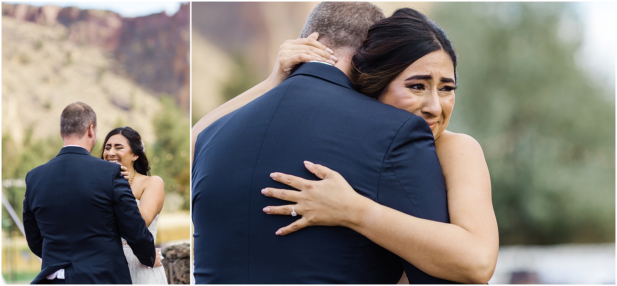 Heartfelt embrace with a first look at this Oregon wedding in the high desert. Photographed by Bend Oregon wedding photographer Erica Swantek Photography. 