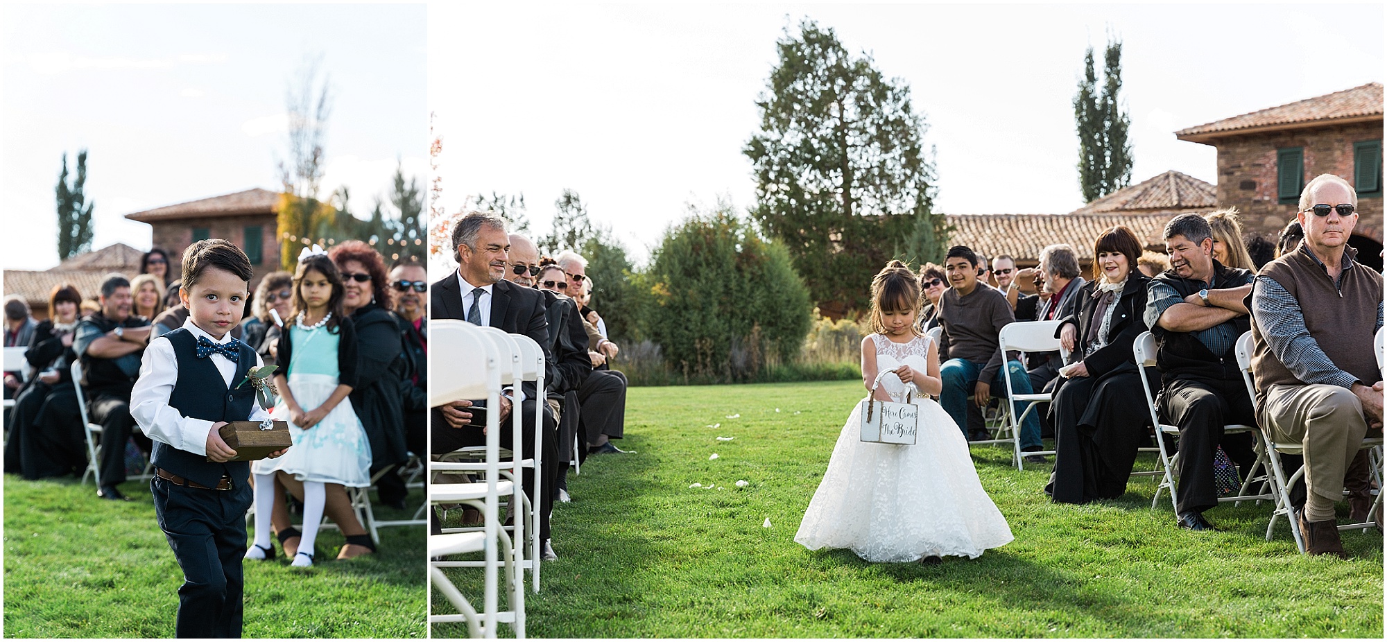 A cute flower girl and ring bearer head down the grassy aisle of this beautiful Ranch at the Canyons fall wedding in Terrebonne, OR. Photographed by Bend Oregon wedding photographer Erica Swantek Photography. 