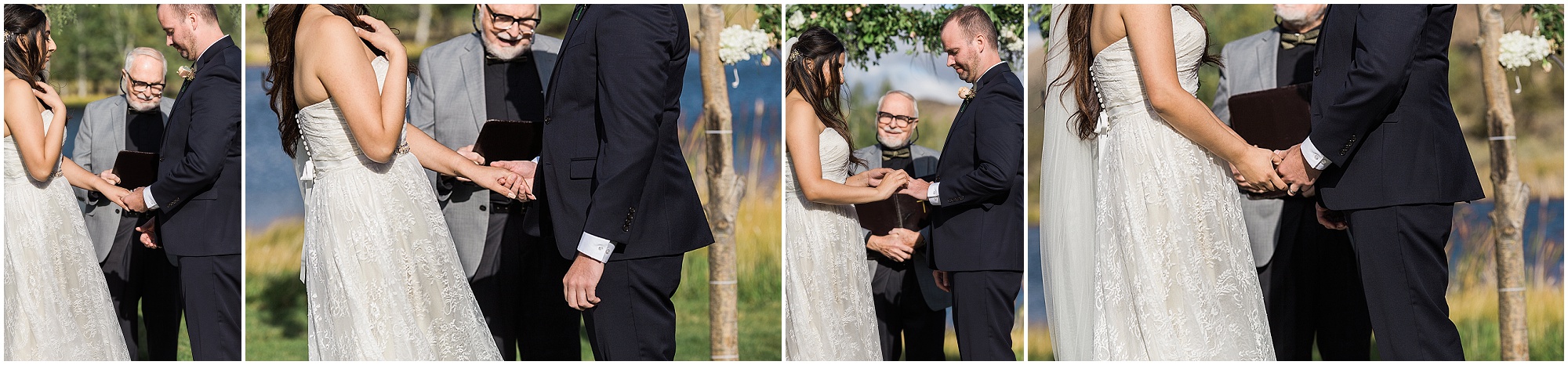 The happy couple exchanges their rings during their outdoor wedding ceremony at Ranch at the Canyons in Terrebonne, OR. | Erica Swantek Photography