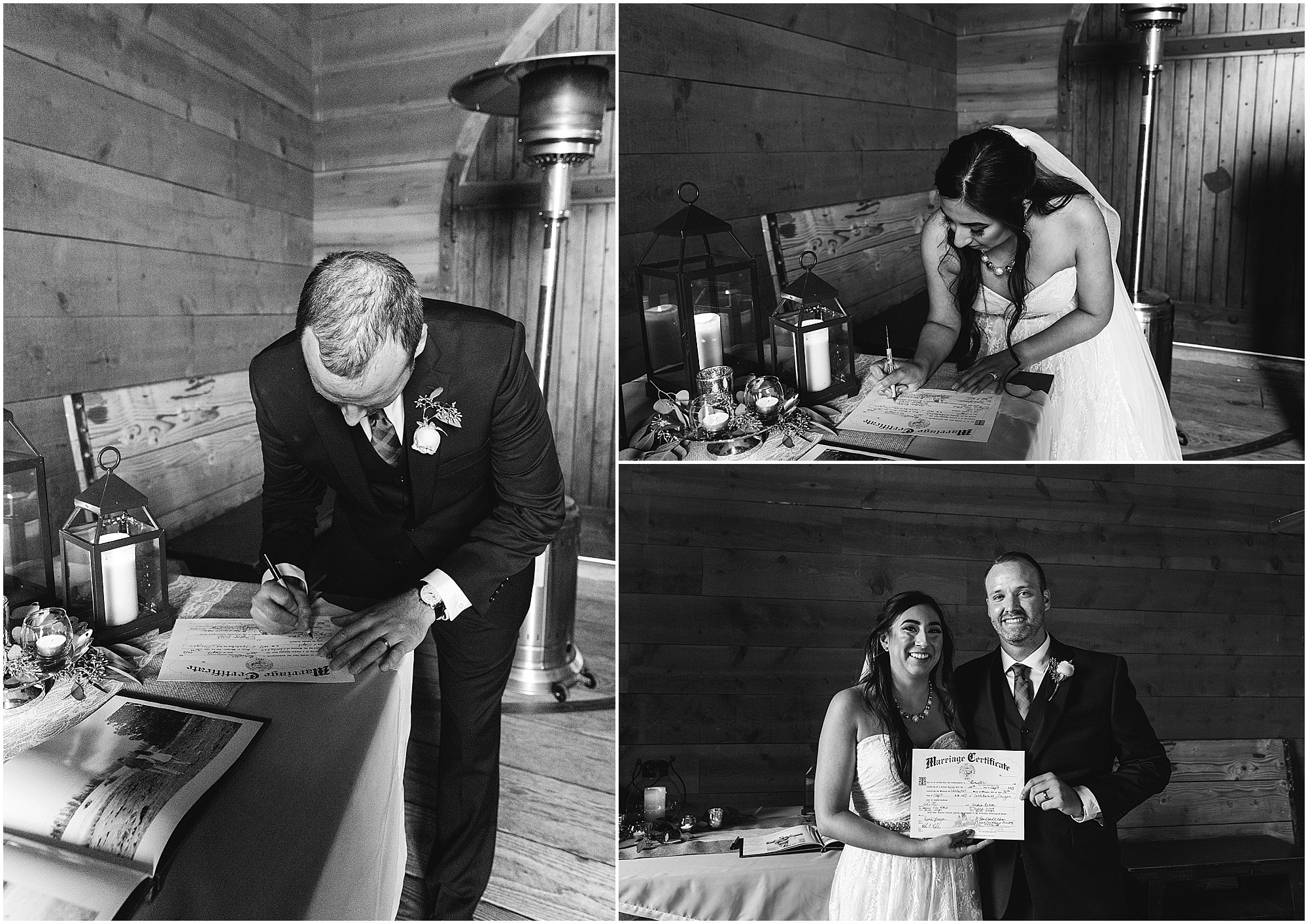 The wedding couple signs their marriage license in the Tuscan Stables wedding venue at Ranch at the Canyons in Oregon. | Erica Swantek Photography