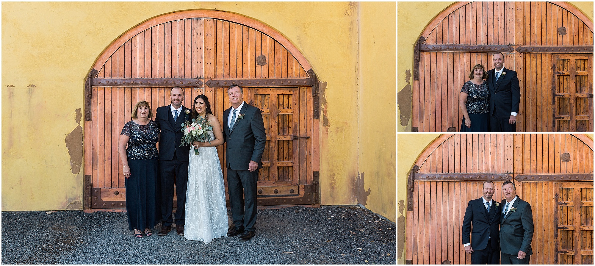 The groom and his parents pose for formal family portraits after this beautiful Tuscan inspired Central Oregon wedding. | Erica Swantek Photography
