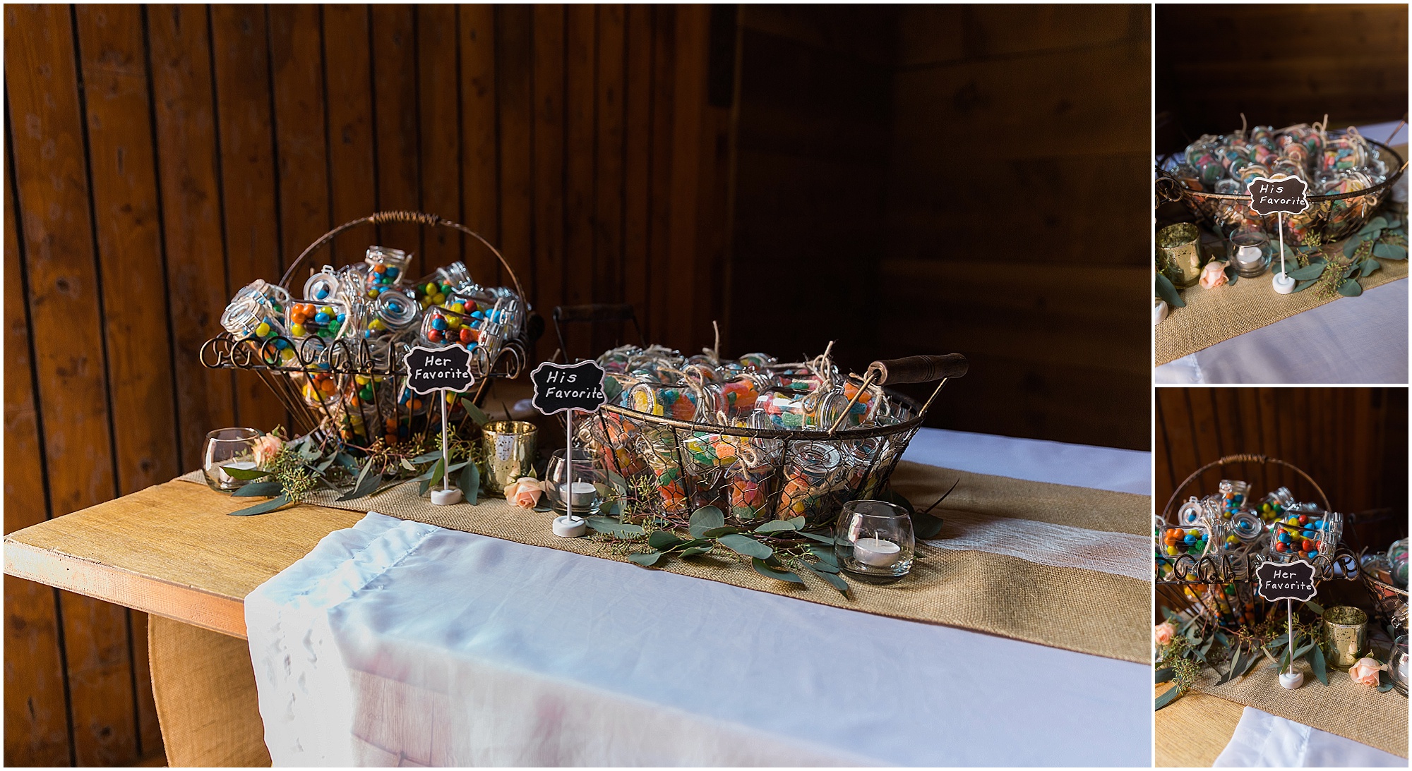 Guests are treated to a candy table with the bride and groom's favorite sweets as favors. Photographed by Bend Oregon wedding photographer Erica Swantek Photography