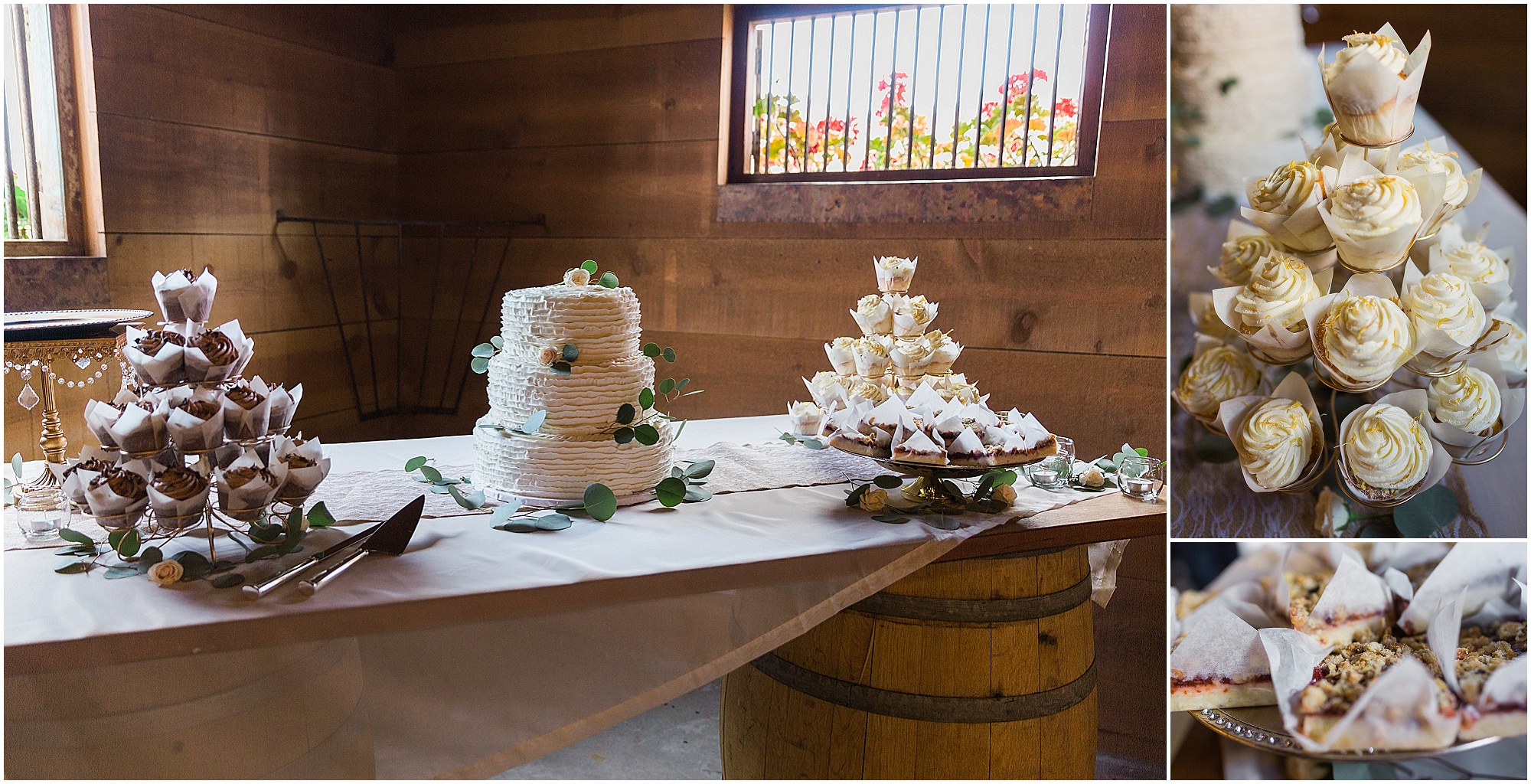 A gorgeous dessert table utilizing wine barrels at the Tuscan Stables venue of this Ranch at the Canyons fall wedding in Oregon. | Erica Swantek Photography