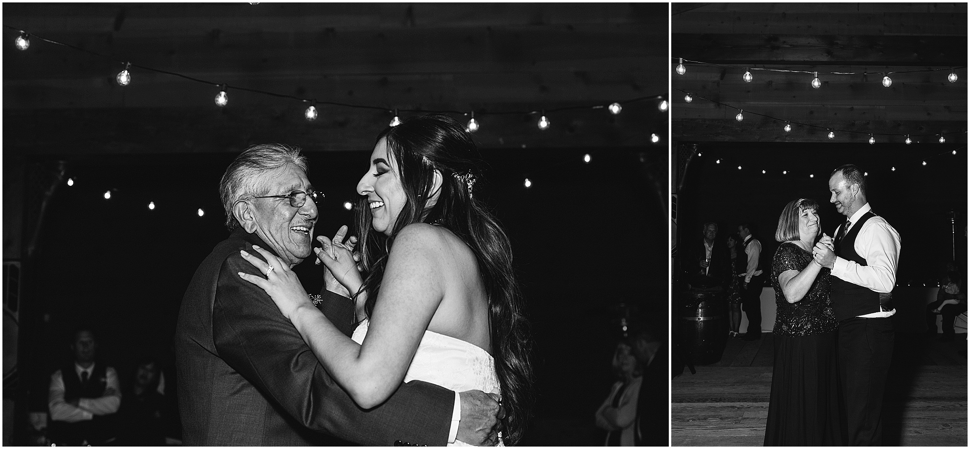 Beautiful black and white images of a daddy daughter dance and mother son dance at the gorgeous Tuscan Stables wedding venue at Ranch at the Canyons near Smith Rock in Oregon. | Erica Swantek Photography