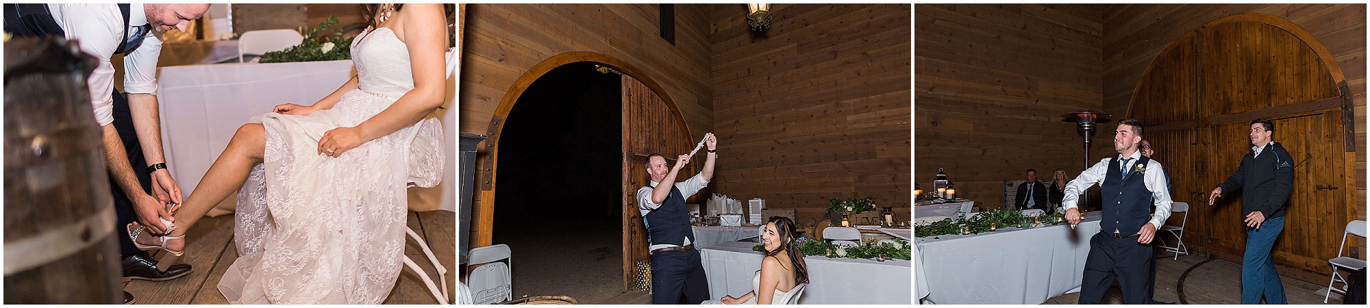 A traditional garter toss inside the Tuscan Stables wedding venue at Ranch at the Canyons near Bend, OR. | Erica Swantek Photography