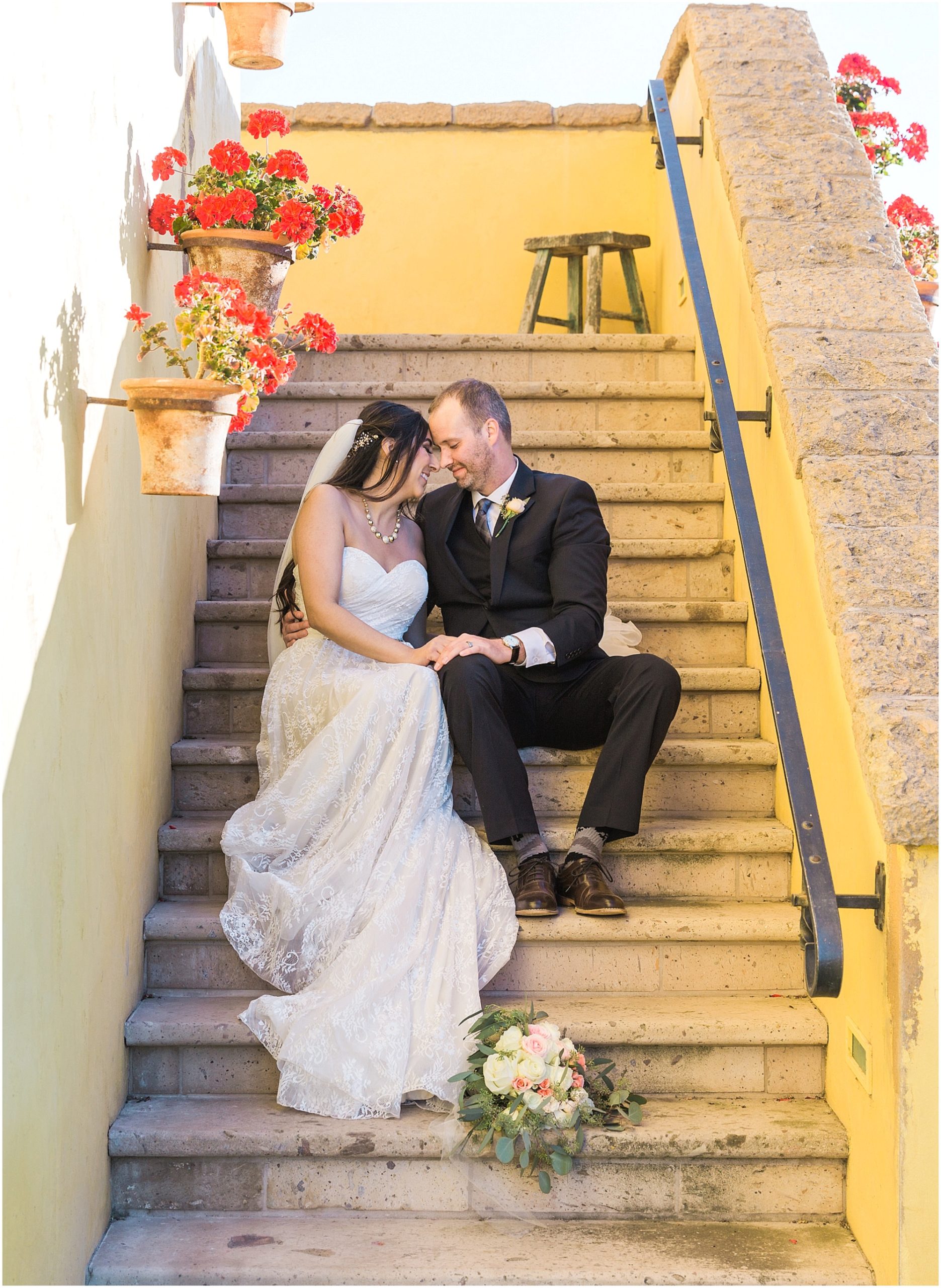 The gorgeous stone staircase of the Tuscan Stables at Ranch at the Canyons is a beautiful spot for a romantic couples portrait near this Smith Rock wedding venue in Oregon. | Erica Swantek Photography
