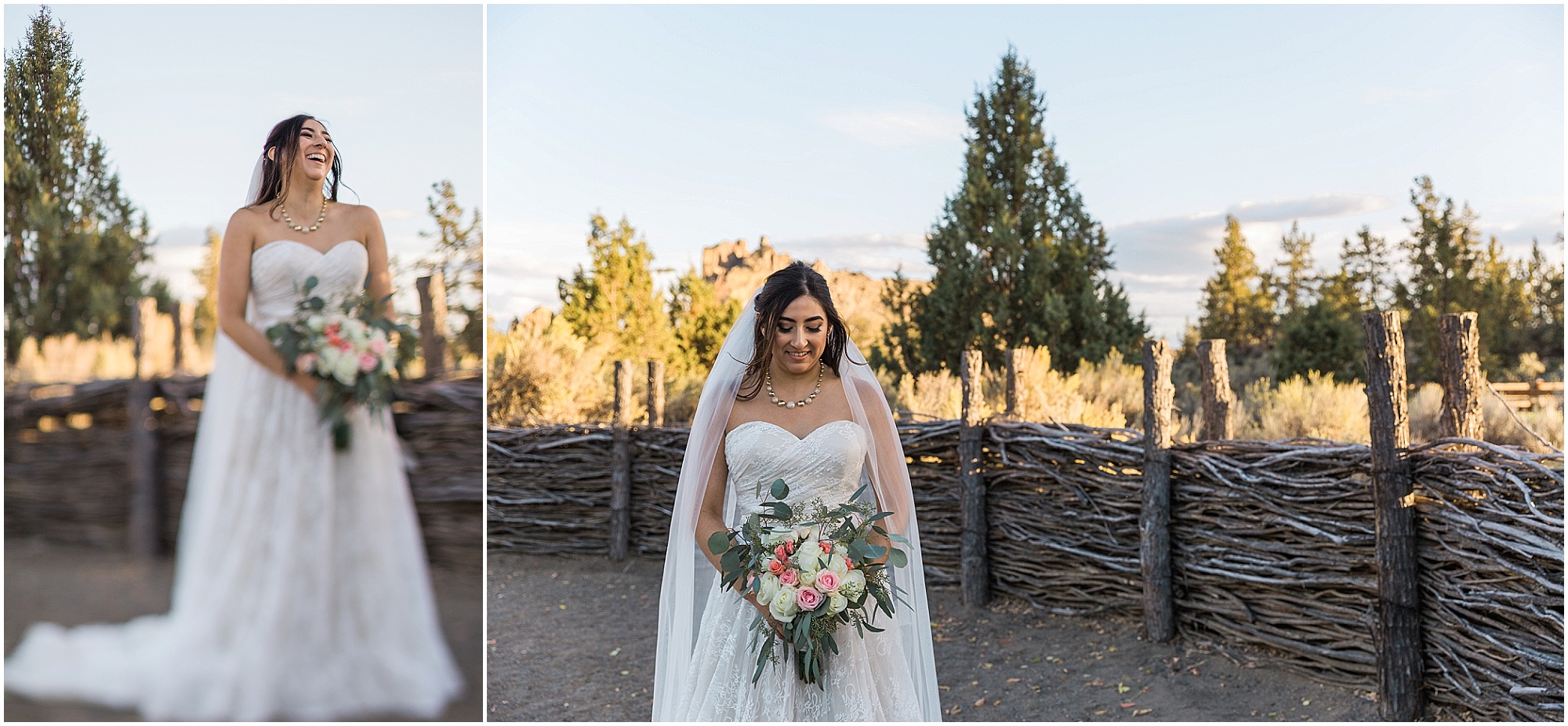 Outdoor bridal portraits of a beautiful bride wearing a strapless gown at her Ranch at the Canyons fall wedding in Oregon. | Erica Swantek Photography