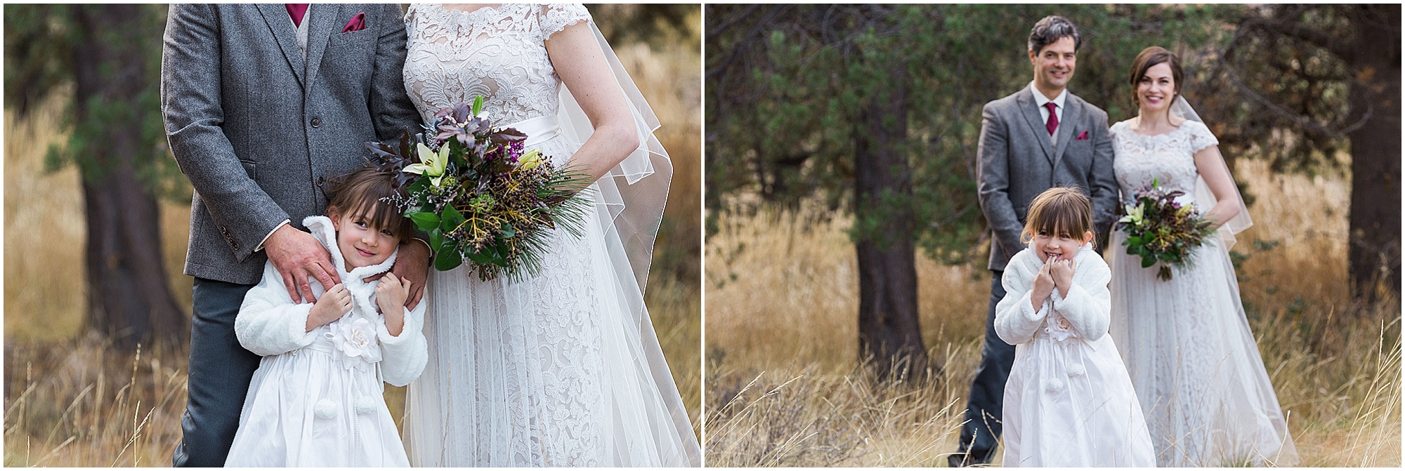 The daughter of the bride is a bit shy when taking family portraits during this Sunriver Resort winter wedding in Oregon. | Erica Swantek Photography