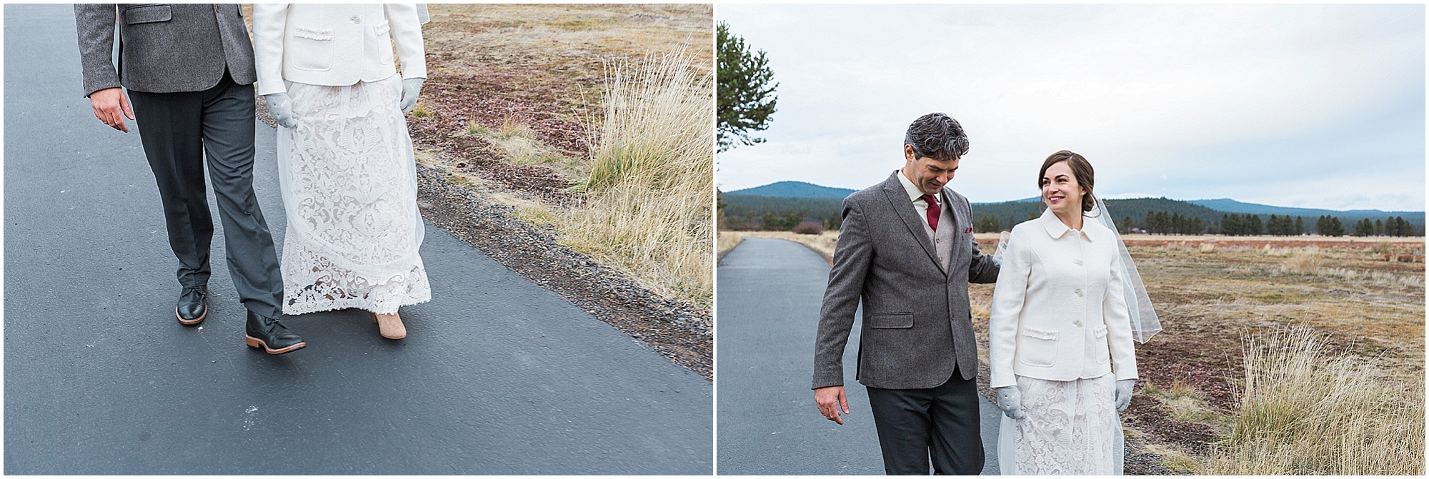 A few candid moments of the happy couple strolling along the bike path at their Sunriver Resort winter wedding in Oregon. | Erica Swantek Photography