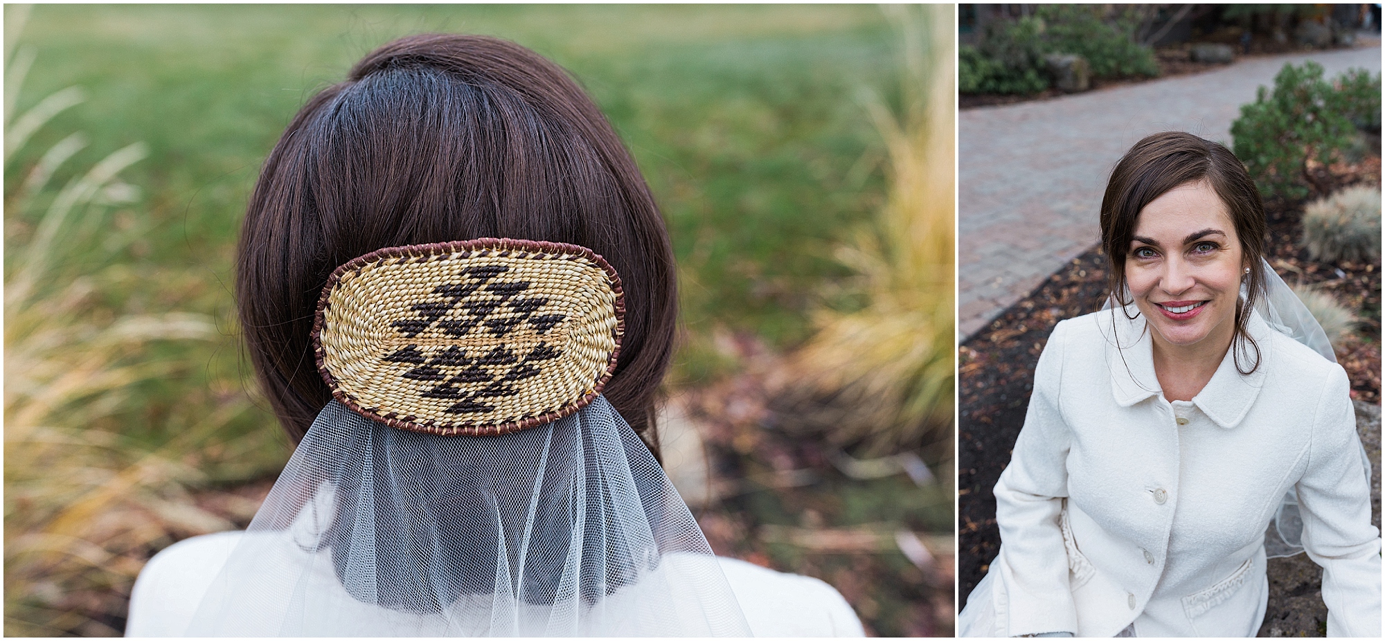 A gorgeous bride wears a beautiful beaded barrette to honor her Native American heritage on her Sunriver Resort winter wedding day. | Erica Swantek Photography