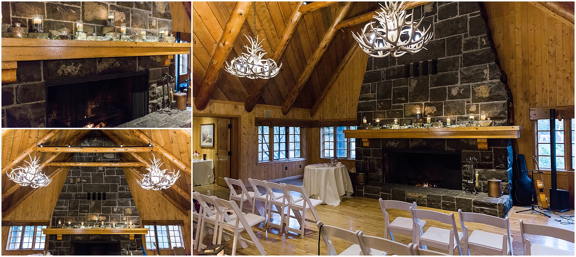 The gorgeous wood floors and paneled walls, with a large stone fireplace and antler chandeliers is the perfect spot for an intimate Sunriver Resort Winter Wedding near Bend, OR. | Erica Swantek Photography 