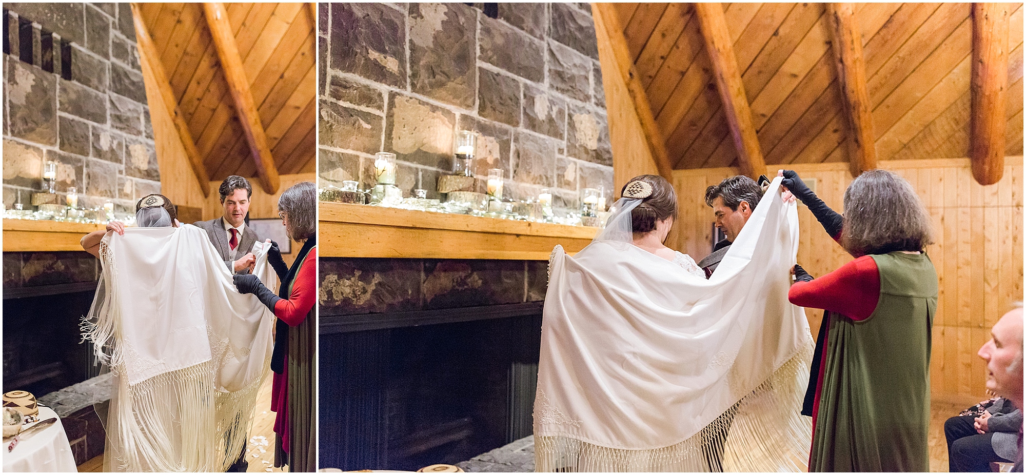 The bride and groom are wrapped in a prayer shawl incorporating Jewish and Native American traditions during their intimate ceremony at the Fireside Room at their Sunriver Resort winter wedding in Oregon. | Erica Swantek Photography