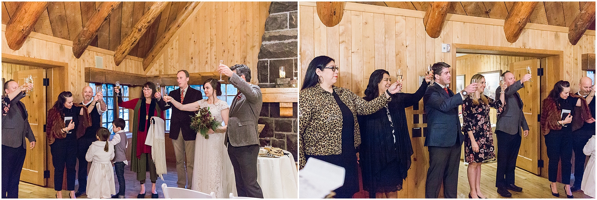 The couple celebrates with a champagne toast and a blessing from their Rabbi at this intimate wedding at the Fireside Room at Sunriver Resort in Oregon. | Erica Swantek Photography