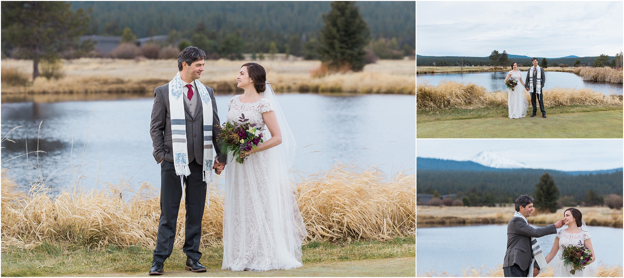 The groom wears a traditional Tallit, or prayer shawl, to honor some of his Jewish heritage at this Sunriver Resort winter wedding in Oregon. | Erica Swantek Photography