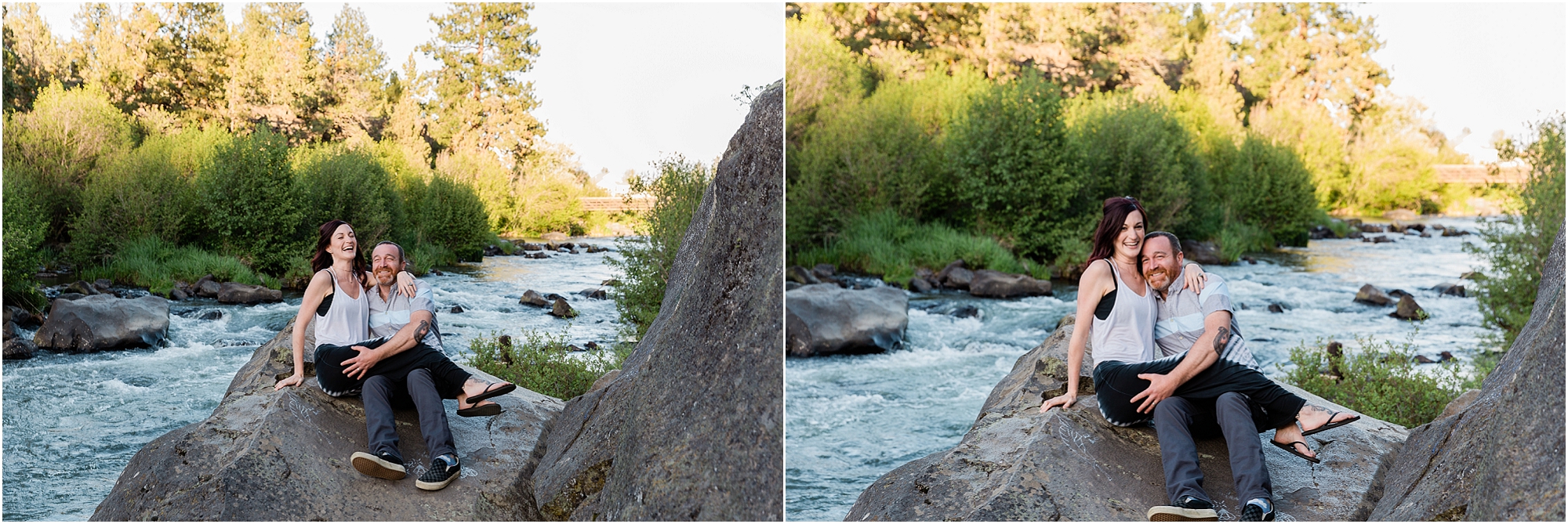 Getting silly at an engagement session along the river in Sawyer Park in Bend, OR. | Erica Swantek Photography