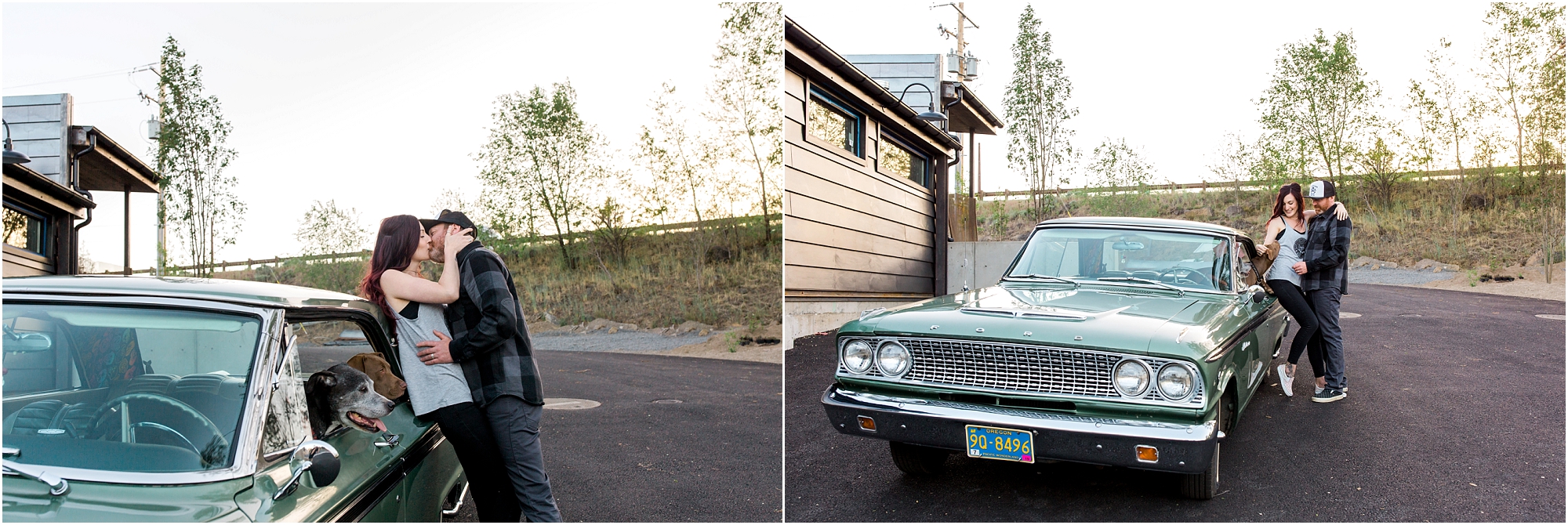 The coolest couple poses with their classic car in front of Boneyard Beer's pub in Bend, OR during their engagement photo session. | Erica Swantek Photography