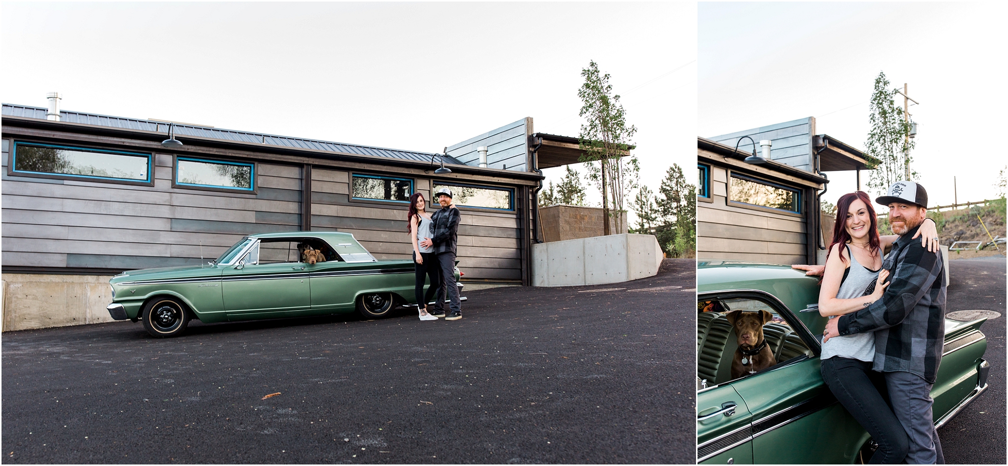 A couple poses with their classic Ford Fairlane in front of Boneyard Beer in Bend, OR for their engagement photos. | Erica Swantek Photography